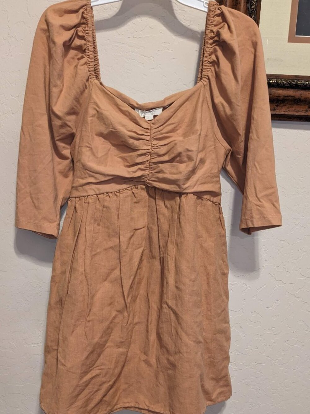 NWT Forever That Girl Sz L Linen Blend Ruched Babydoll Mini Dress